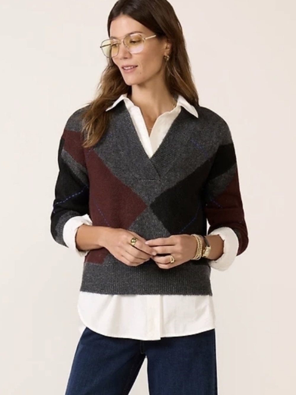 Evereve Argyle V-Neck Sweater Size S